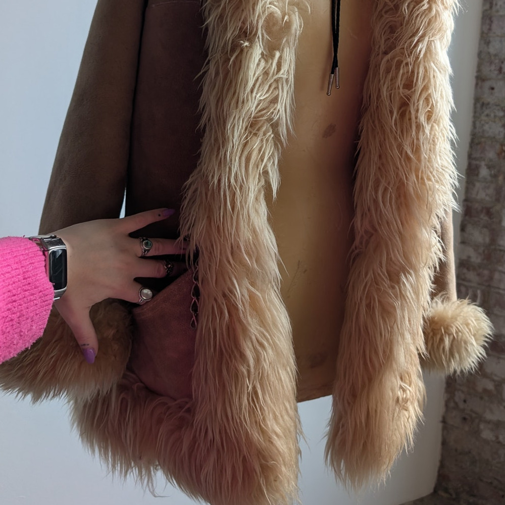 70s Vintage Brown Leather Penny Lane Coat Tan Suede Fur Groovy Boho Afghan Coat - Picture 6 of 10